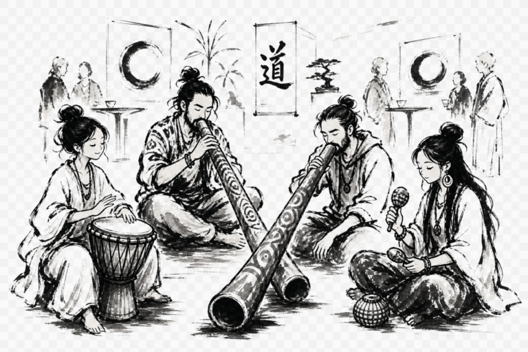Firefly_Zen Cartoon, Shodo Art brush style- A female Djembé drummer, two different male moder 615869